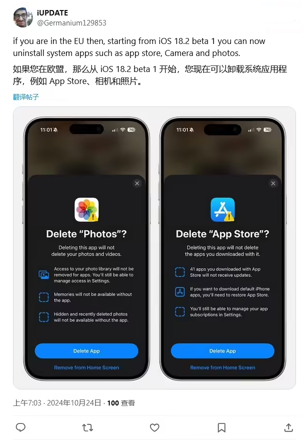 驿城苹果手机维修分享iOS 18.2 支持删除 App Store 应用商店 