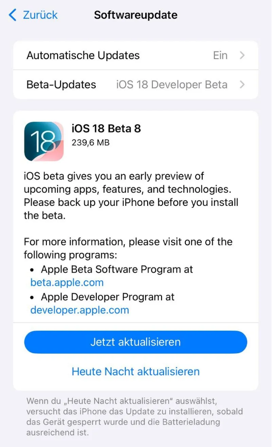 驿城苹果手机维修分享苹果 iOS / iPadOS 18 开发者预览版 Beta 8 发布 